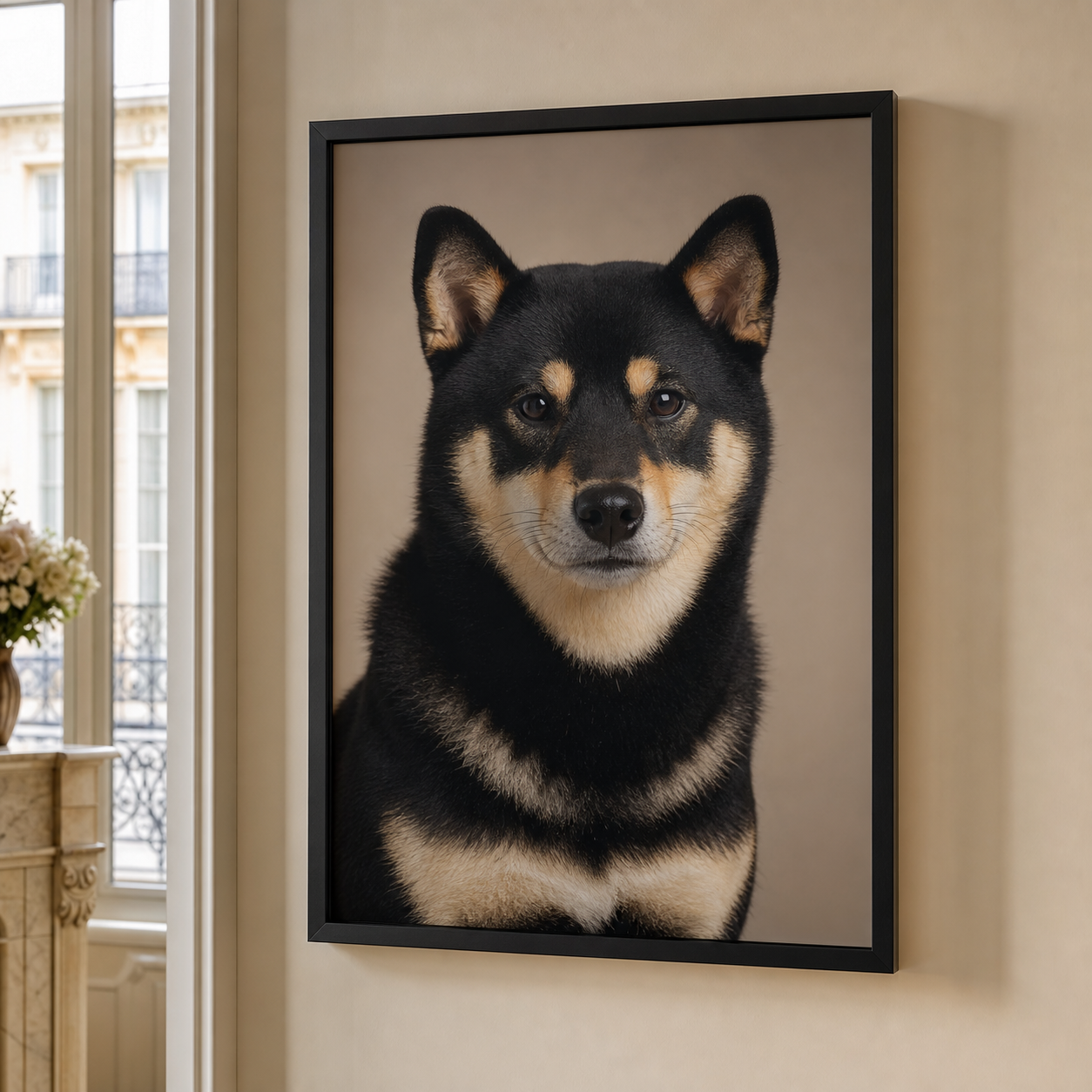 Portrait du Shiba Inu présenté sur un cadre mural