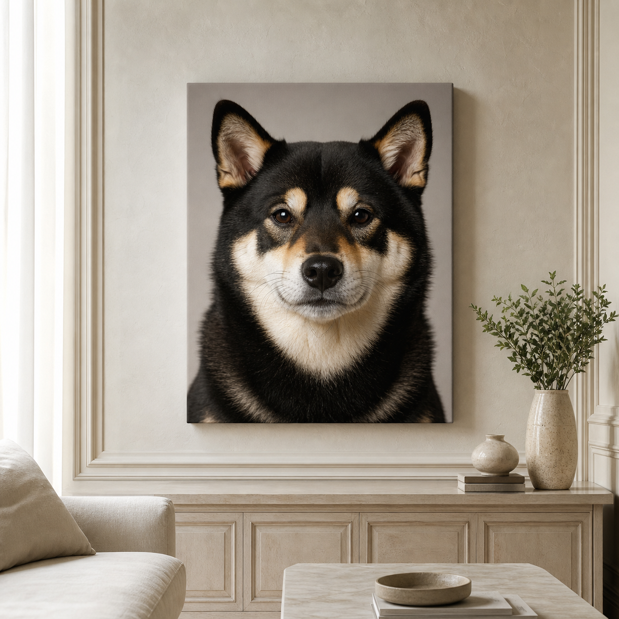 Exemple Cadlyo d'un portrait de Shiba Inu présenté sur une toile tendue
